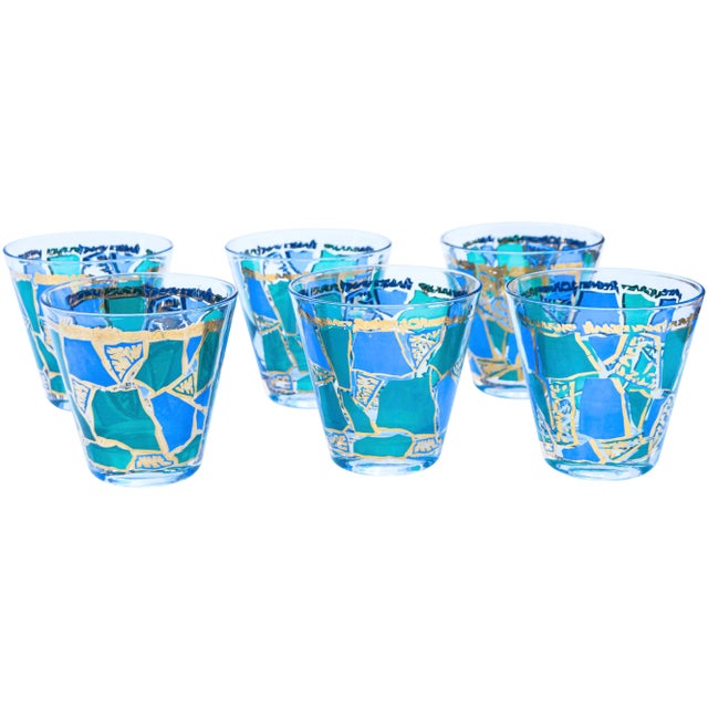 Culver Ltd. Vintage Blue & Green Golden-Patterned Culver Rocks Glasses - Set of 6 For Sale - Image 4 of 7