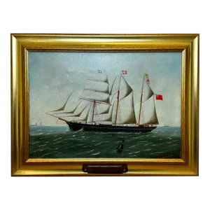 19th Century Oil Painting Seascape Barquentine Ship Charles James Off Dunkirk C1885