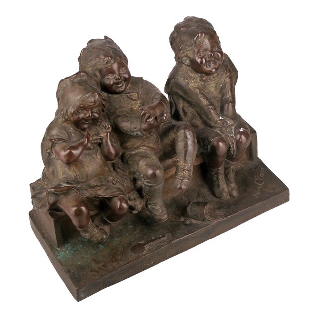 'Watching Something': Patinated Bronze Sculpture of Three Children Laughing and Sitting on a Bench by Spanish Artist Juan Clara For Sale