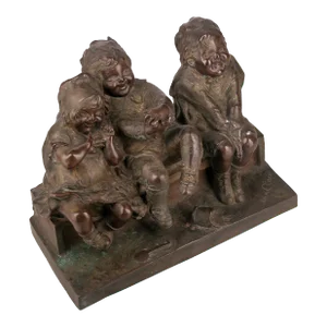 'Watching Something': Patinated Bronze Sculpture of Three Children Laughing and Sitting on a Bench by Spanish Artist Juan Clara