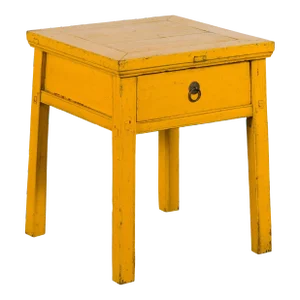 Vintage Chinese Distressed Finish Yellow Lacquer 1-Drawer Side Table