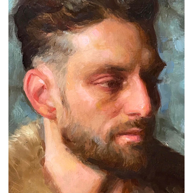 Karen Offutt Fire Starter by Karen Offutt | Oil on canvas Portrait of a man with a fur collar. For Sale - Image 4 of 5