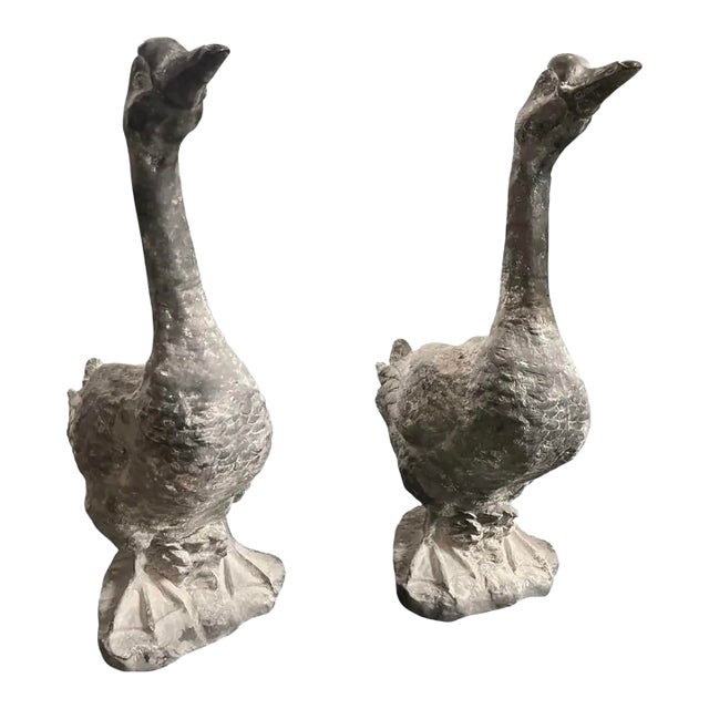 Pair of Vintage Brutalist Style Cast Metal Goose Sculptures For Sale