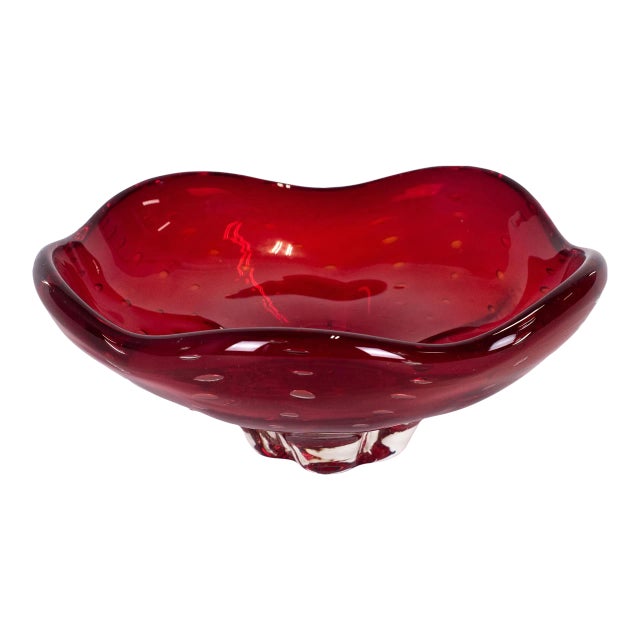 Italian Murano Style Art Glass Ruby Red Bullicante Bowl For Sale