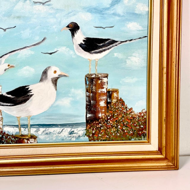 Wood 1982 Vintage Coastal Impressionists Original Oil Painting, Pelicans on the Dock by Jay Brown For Sale - Image 7 of 10