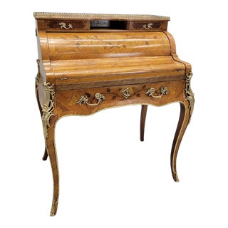 Early 20th Century Antique French Louis XV Style French Tulip and Rosewood Marquetry Roll-Top Secretary Writing Desk For Sale