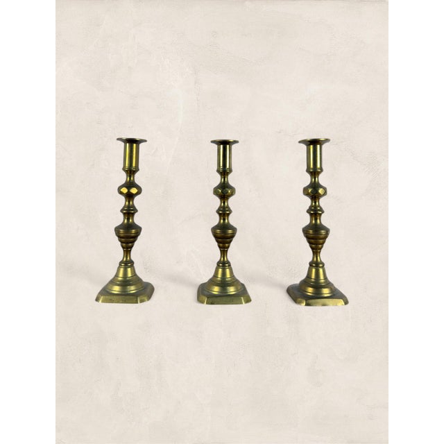 Late 19th Century Late 19th Century Antique English Victorian Brass Candlesticks, Set of Three For Sale - Image 5 of 8