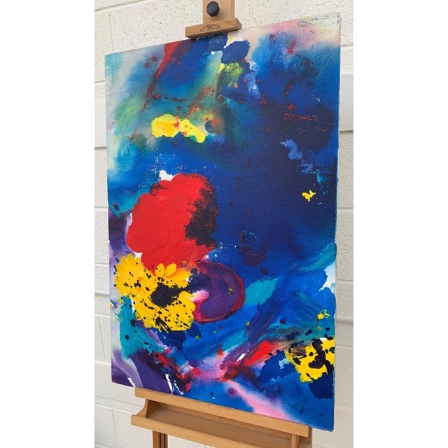 Contemporary Margaret Francis, Abstract Flowers Painting Blue Red Yellow Purple Colour by Modern British Artist, 1992 For Sale - Image 3 of 7