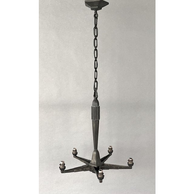 1920s or 30s 5-Light French Art Deco Bronze Patina Chandelier, Opalescent Shades For Sale In San Francisco - Image 6 of 6