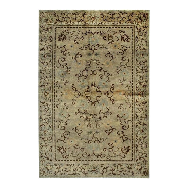 8x10 Green Hand-Knotted Wool Floral Scrollwork Geometric Modern Carpet Rug For Sale