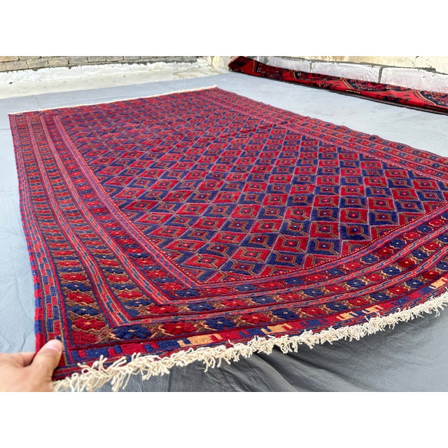 Tribal Mushwani Red and Blue Andkhoy Hand-Knotted Wool Rug - 6'4" X 9'11" For Sale - Image 3 of 11
