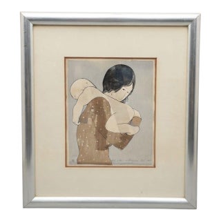 1970s Signed Stephen White "Lady Holding a Baby" Rice Paper Woodblock Print, Framed For Sale