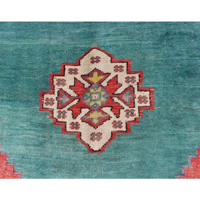 Mid 20th Century Teal-Colored Oushak Hand Knotted Vintage Turkish Rug With Three Medallions, Red Cornices For Sale - Image 5 of 10