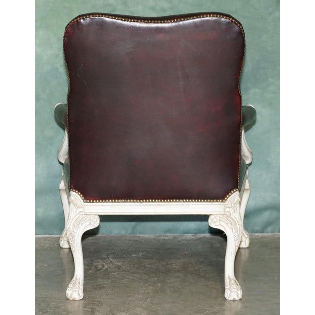 Vintage French Louis XV Style Oxblood Leather Armchair with Painted Frame For Sale - Image 18 of 18