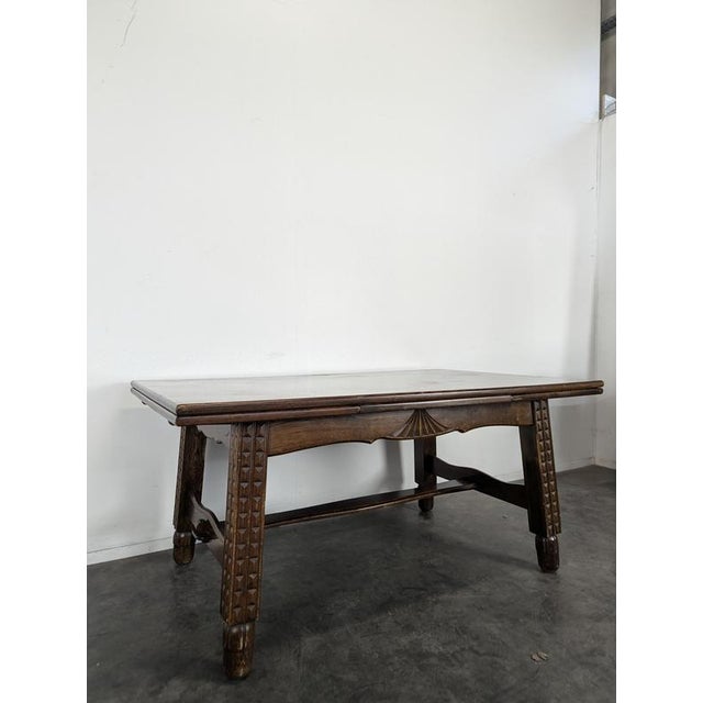 Art Deco Extendable Oak Table with Checkerboard Top in the style of Charles Dudouyt, 1930s, in Very Good conditions....
