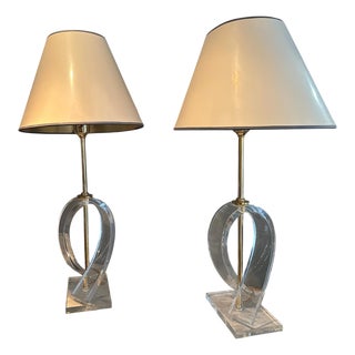 French Acrylic Glass and Brass Table Lamps, Set of 2 For Sale