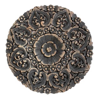 Vintage Antique Burn Carved Medallion Boho Wall Panel 18" For Sale