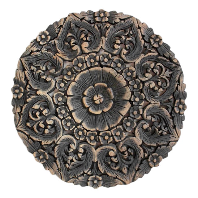 Vintage Antique Burn Carved Medallion Boho Wall Panel 18" For Sale