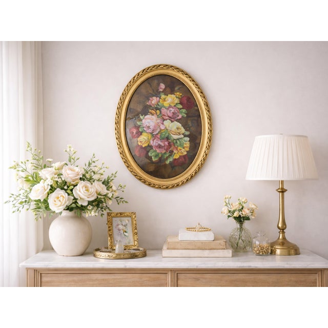 Camille Fauré Limoges Oval Enamel Plaque, Bouquet of Roses, Mid-20th Century For Sale - Image 6 of 17