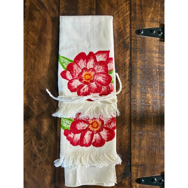 Textile Vintage Mid Century Hand Painted Linen Tea Towels (Or Hand Kitchens Towels) Red Floral design.fringe Ivory Set of 2 /13” X 17” For Sale - Image 7 of 7
