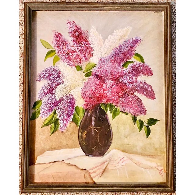 Vintage Original Oil Painting “Lilacs in Vase” in Wood Frame For Sale - Image 13 of 13