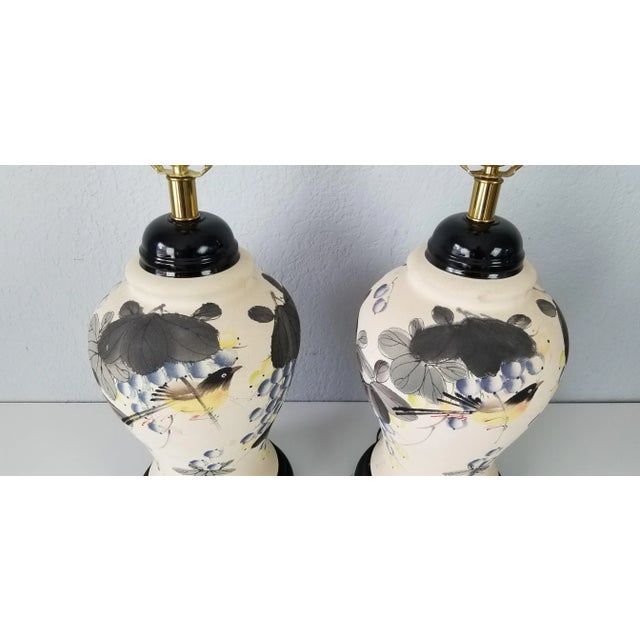 1970s Vintage Japanese Hand Painted Pottery Table Lamps - a Pair For Sale - Image 5 of 12