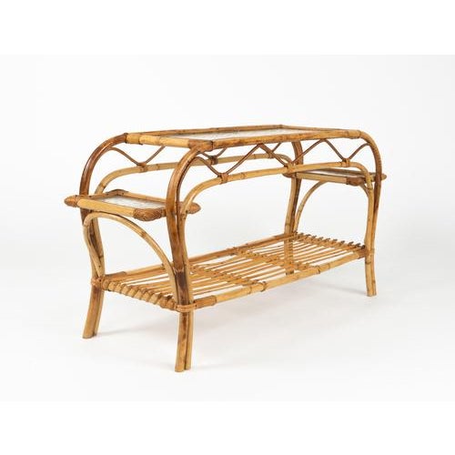 Mid-Century Modern Rattan and Frosted Glass Rectangular Side Table, Italy, 1970s For Sale - Image 9 of 18