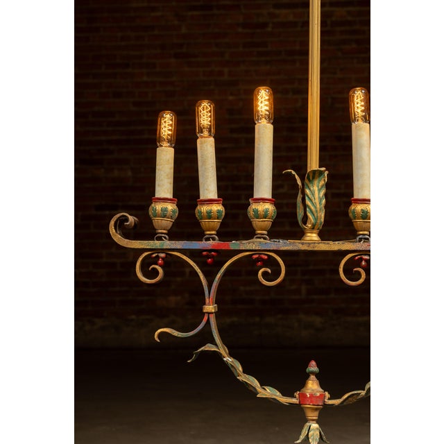 Early 20th Century Mediterranean Revival Wrought Iron and Tole Chandelier 2 For Sale In Chicago - Image 6 of 10