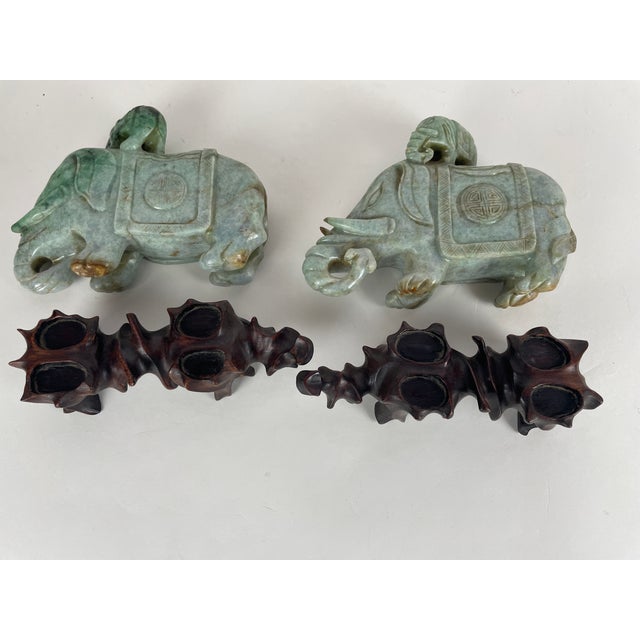 Pair of Chinese Carved Jade Elephant Sculptures on Custom Hardwood Stands For Sale - Image 12 of 12