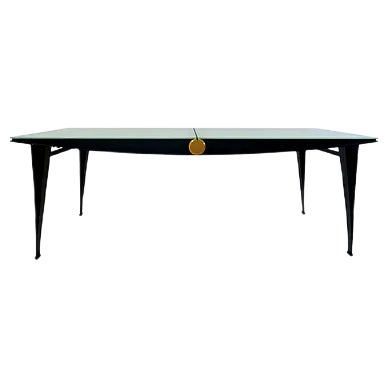 Mid-Century Modern Dining Table with Black Steel Frame & Sandblasted Glass Top, 1970s For Sale