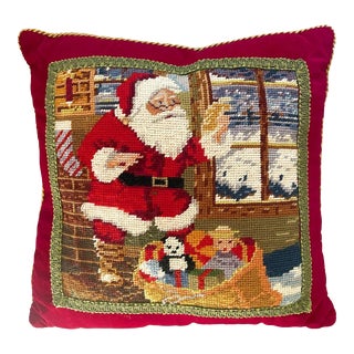 Vintage Needlepoint and Velvet Christmas Pillow For Sale