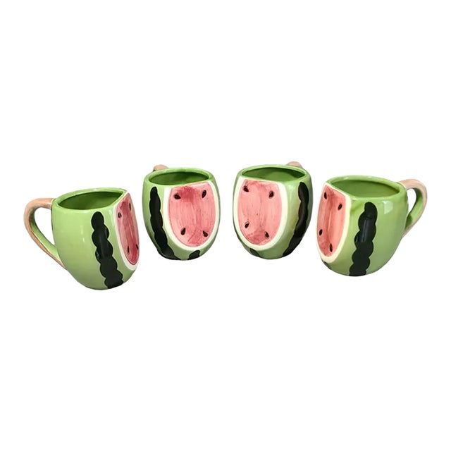 Vintage Ceramic Hand Painted Watermelon Mugs Marked r.g.d 1983- Set of 4 For Sale