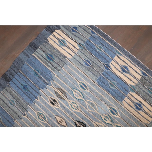 Mid-Century Modern Vintage Zabihi Collection Abstract Blue Swedish Kilim - 4'10" x 6' For Sale - Image 3 of 12