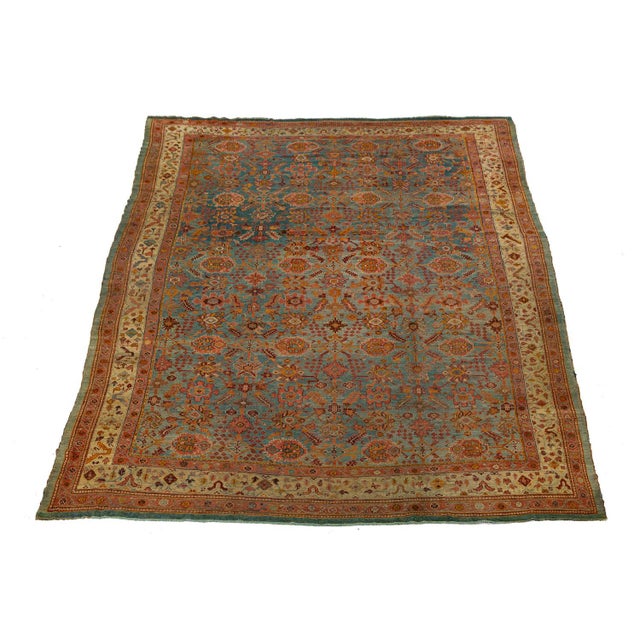 Turkish Antique Turkish Oushak Rug - Large Hand-Knotted With Muted Teal & Earth Tones For Sale - Image 3 of 11
