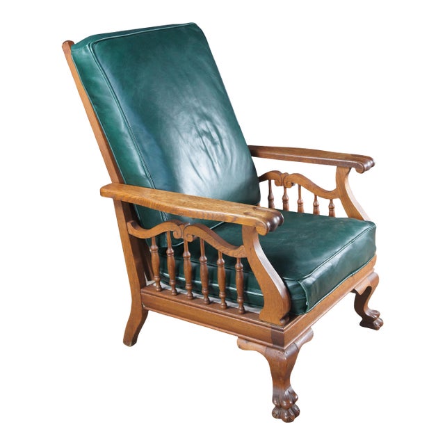 Antique Victorian Quartersawn Oak Vinyl Reclining Morris Arm Chair Lion Paw Feet For Sale