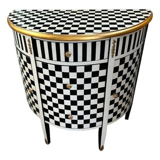 Vintage Louis XV Checkered Half Moon Side Table - Black, White & Gold For Sale