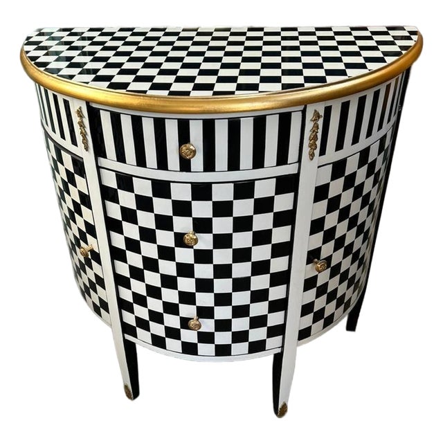 Vintage Louis XV Checkered Half Moon Side Table - Black, White & Gold For Sale