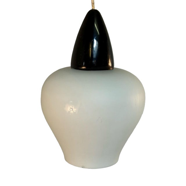 Vintage MCM Pendant Light in Semi Translucent White Glass and Red Top by Louis Kalff, 1950s For Sale
