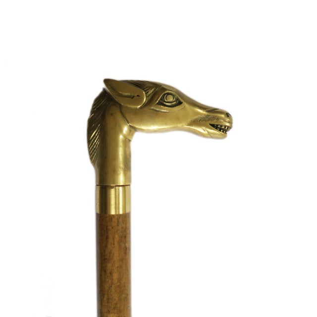 Vintage Wood and Gold Brass Equestrian Horse Head Walking Stick Cane
