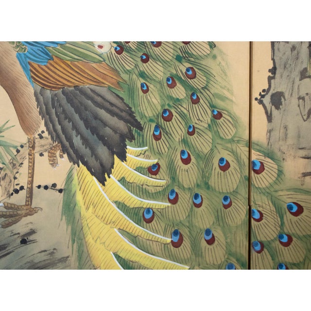 Circa 1970s Chinoiserie Style Painted Silk Screen "Peacock and Magnolia" For Sale - Image 11 of 18