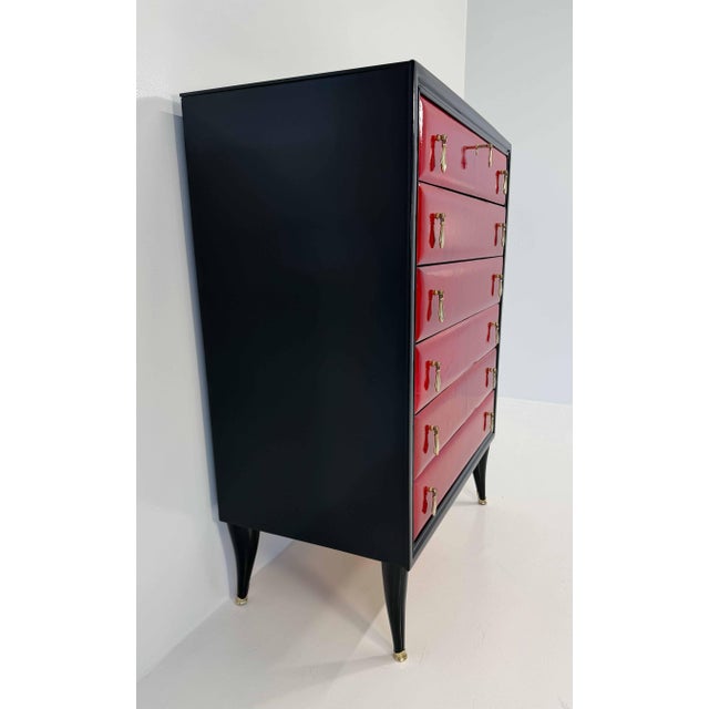 1950s Italian Art Deco Cherry Red Parchment and Black Lacquered Chest of Drawer, 1950s For Sale - Image 5 of 10