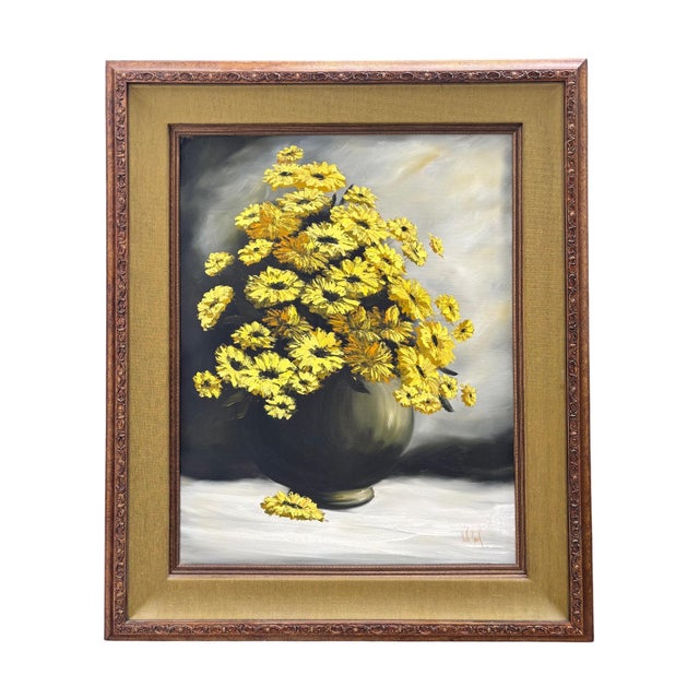 Wood Original Mid-Century Oil on Canvas, Yellow Daisy Still Life, Signed Patti Rock, (1927 - 2004) For Sale - Image 7 of 15