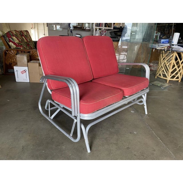 1940s Aluminum Patio/Outdoor Sled Base Rocking Slinder Loveseat Sofa For Sale - Image 5 of 5