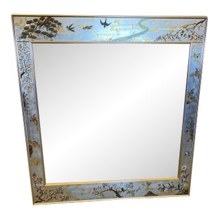 1980s La Barge Asian Chinoiserie Silver Leaf Hand-Painted Mirror For Sale