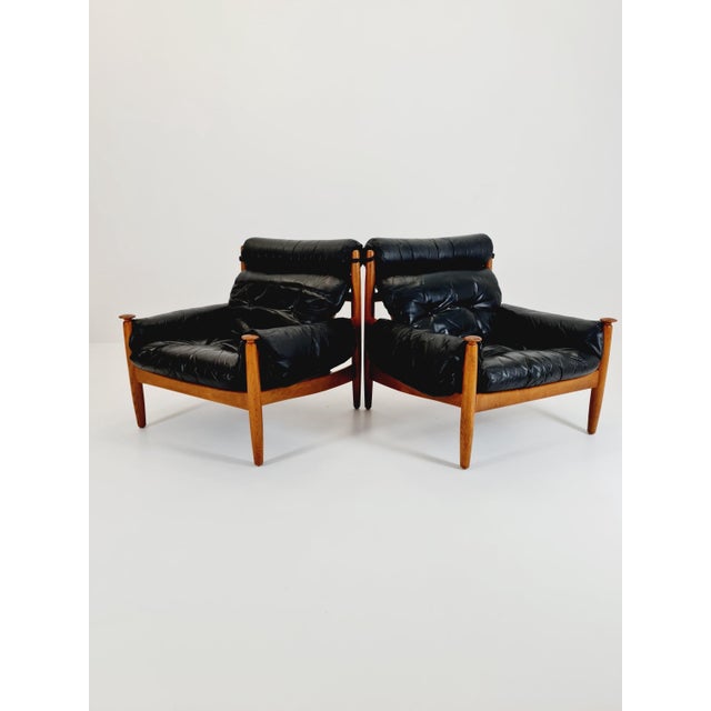 Mid-Century Lounge Chairs in Leather and Oak by Eric Merthen for Ire Möbler, Sweden, 1960s, Set of 2 For Sale - Image 9 of 11
