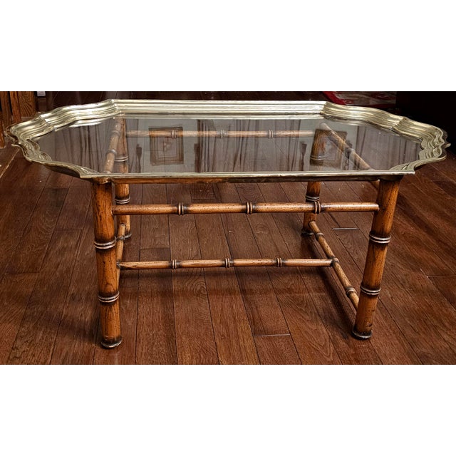 Hollywood Regency Mid-Century Hollywood Regency Oak Faux Bamboo Cast Brass and Glass Tray Coffee Table For Sale - Image 3 of 10