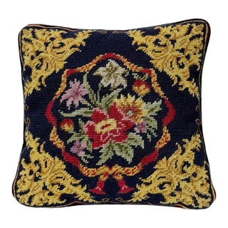 Vintage Navy Blue Needlepoint Accent Pillow W/Insert 12" X 12" Grandmillenial For Sale