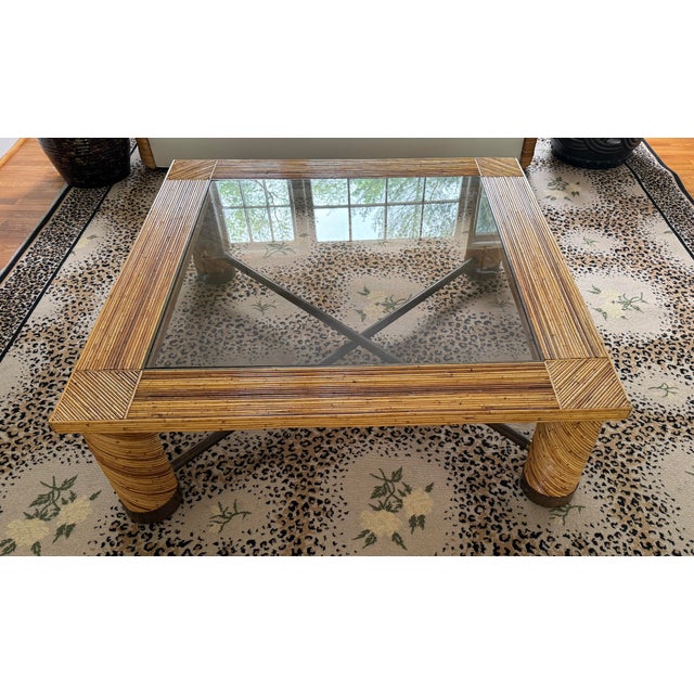 Late 20th Century Italian Pencil Reed Coffee Table With Brass, Glass For Sale - Image 5 of 9