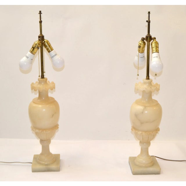 Pair Art Deco Hand-Carved Alabaster Urn Shape Table Lamps Brass Double Sockets For Sale - Image 13 of 13