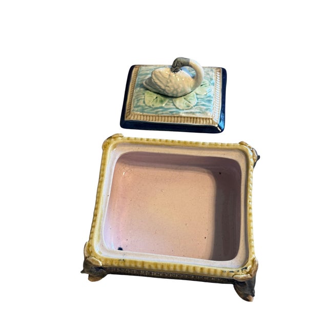 Circa 1900 English Majolica Swan Finial Sardine Box For Sale - Image 9 of 13